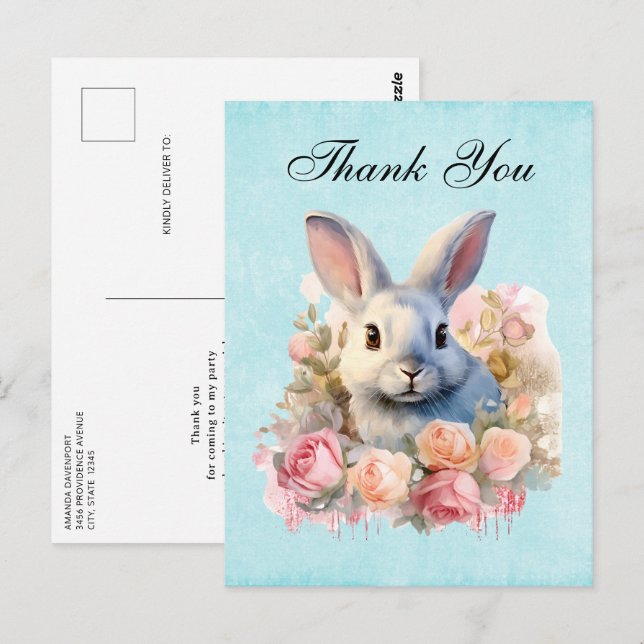 Bunny with a Garland of Roses Cute Thank You Postkarte (Vorne/Hinten)