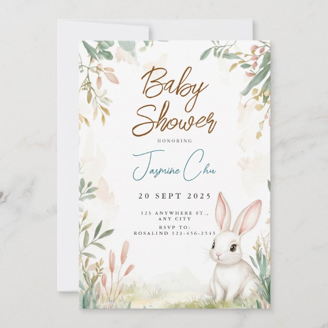 Bunny Woodland Babydusche Einladung (Vorderseite)