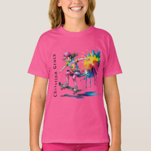 Bunt bemaltes Mädchen Skateboarder Geburtstagsname T-Shirt