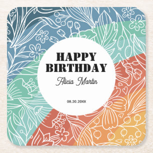 Bunt Retro Groovy Regenbogen Floral Geburtstag Rechteckiger Pappuntersetzer