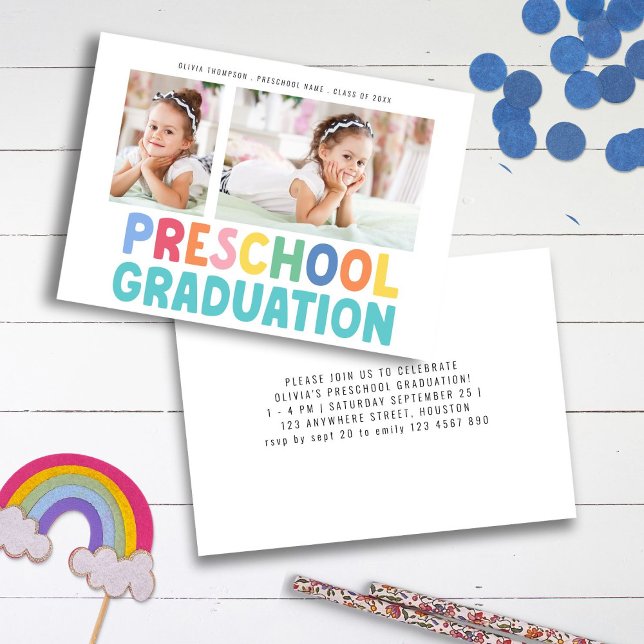 Bunte 2-Foto-Vorschulabschlusspartei Einladung (pre-school graduation card)