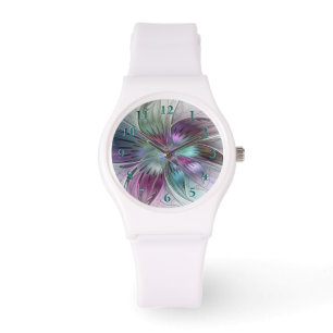 Bunte abstrakte Blumen moderne florale Fractal-Kun Armbanduhr