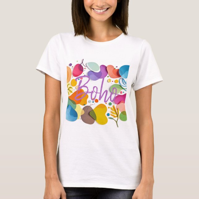Bunte Abstrakte Botanische Boho Ausschnitt Kunst T-Shirt (Vorderseite)