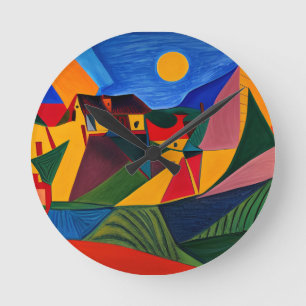 Bunte abstrakte Dorf Landschaft Runde Wanduhr