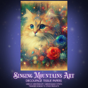 Bunte Antike Vintage Katze Blumen Decoupage Seidenpapier