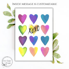 Bunte Aquarell-Herzen XOXO Valentinstag Karte