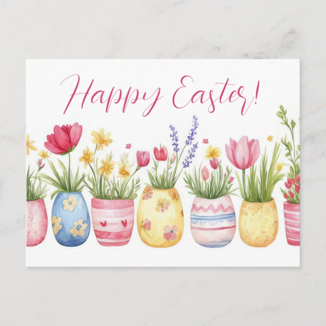 Bunte Aquarell Oster Postkarte mit Frühlingsblumen (Vorderseite)