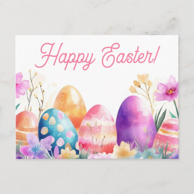Bunte Aquarell Oster Postkarte mit Frühlingsblumen (Vorderseite)