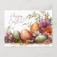 Bunte Aquarell Oster Postkarte mit Frühlingsblumen