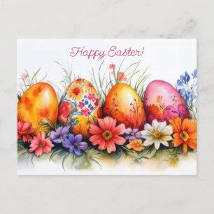 Bunte Aquarell Oster Postkarte mit Frühlingsblumen