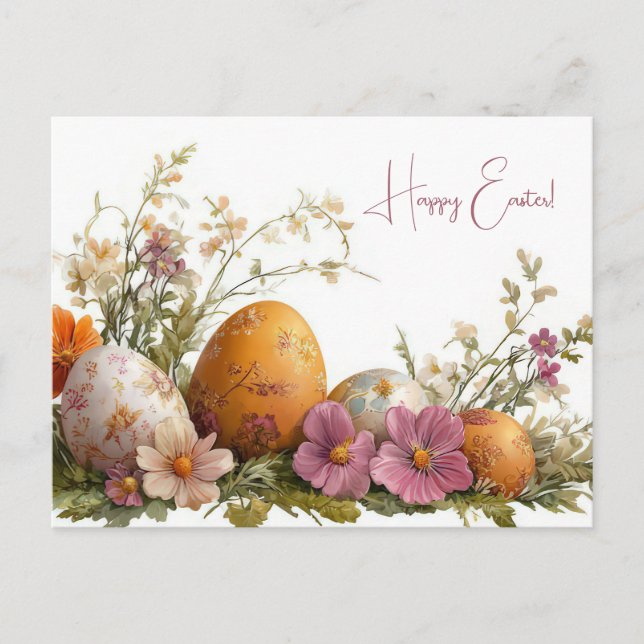 Bunte Aquarell Oster Postkarte mit Frühlingsblumen (Vorderseite)