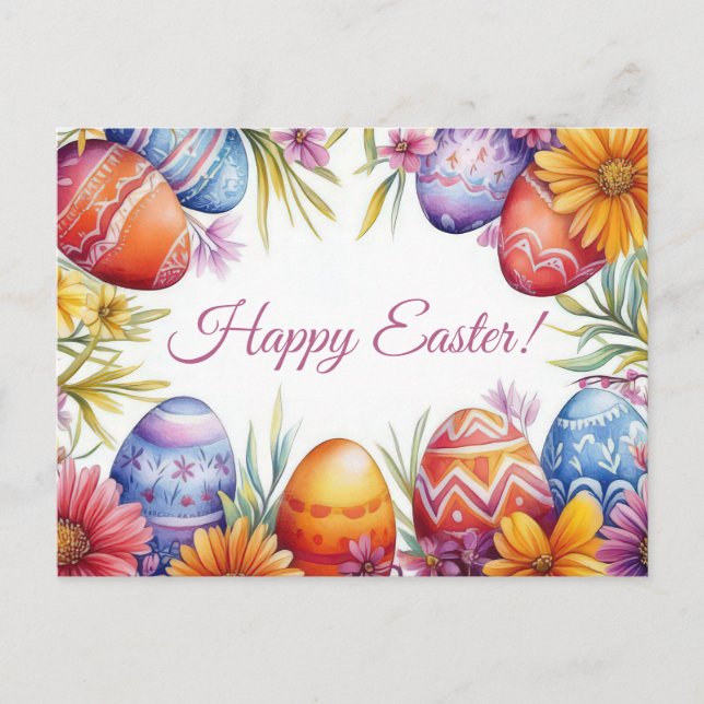 Bunte Aquarell Oster Postkarte mit Ostereiern (Vorderseite)