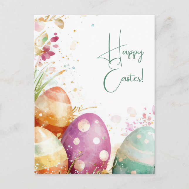 Bunte Aquarell Oster Postkarte mit Ostereiern (Vorderseite)