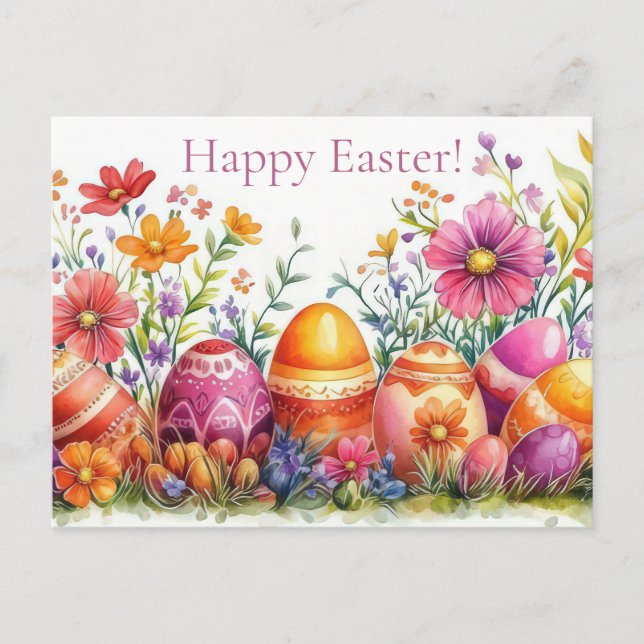 Bunte Aquarell Oster Postkarte mit Ostereiern (Vorderseite)