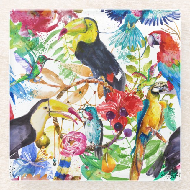 Bunte Aquarell-Papageien 2 Glasuntersetzer (Vorderseite)