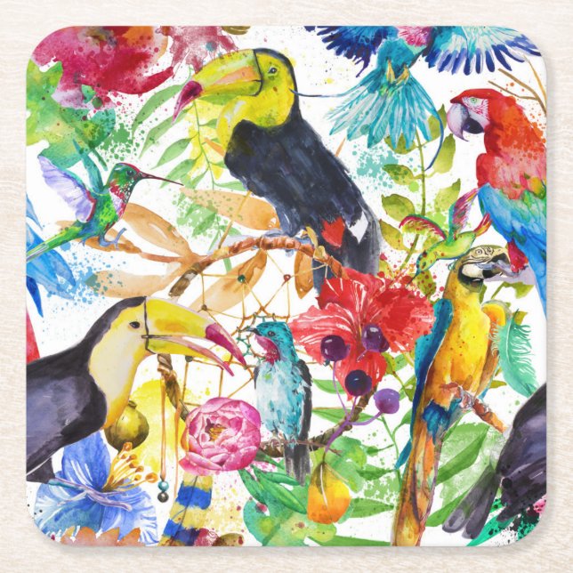 Bunte Aquarell-Papageien 2 Rechteckiger Pappuntersetzer (Vorderseite)