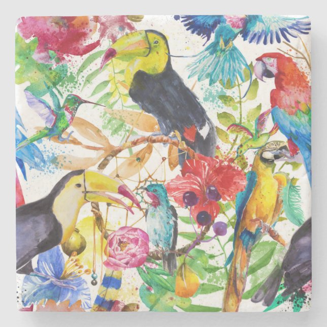 Bunte Aquarell-Papageien 2 Steinuntersetzer (Vorderseite)