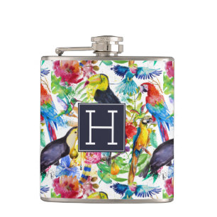 Bunte Aquarell-Papageien   addieren Ihre Initiale Flachmann