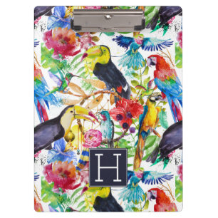 Bunte Aquarell-Papageien   addieren Ihre Initiale Klemmbrett