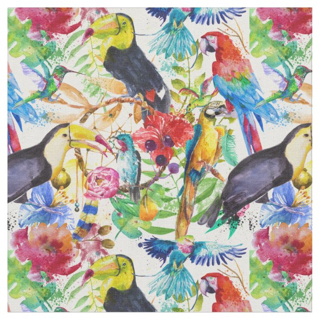 Bunte Aquarell-Papageien Stoff (Nahaufnahme)