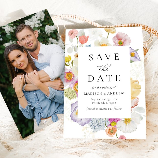 Bunte Aquarell-Wildblumen-Foto-Hochzeit Save The Date (Von Creator hochgeladen)