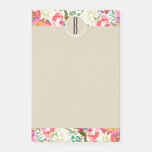 Bunte Aquarellblumen Kraft Monogramm Anfangsbuchst Post-it Klebezettel