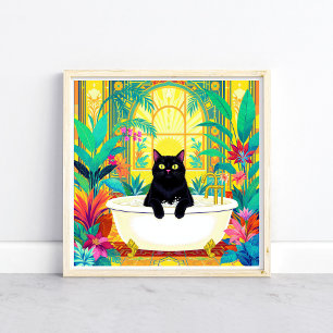 Bunte Art Deco-Schwarze Katze in Badewanne Poster