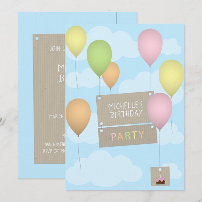 Bunte Ballons Einladung zum Geburtstag (Vorne/Hinten)