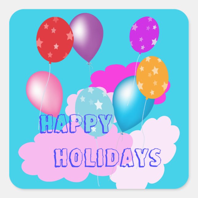bunte Ballons und Wolken glücklicher Urlaub Quadratischer Aufkleber (Vorderseite)