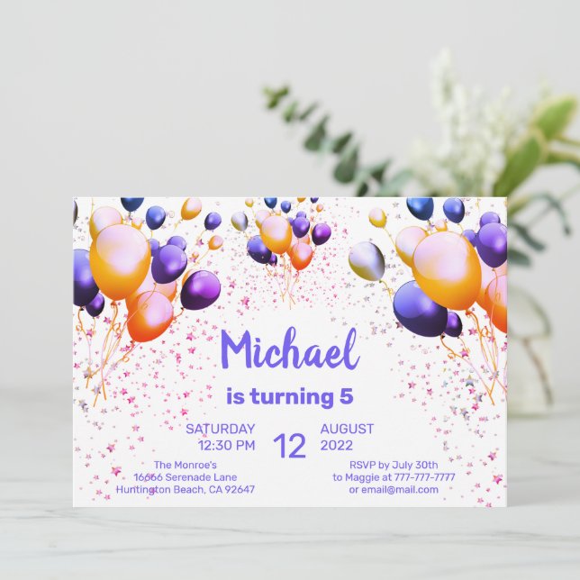Bunte Balloons Geburtstagsfeier Einladung (Stehend Vorderseite)