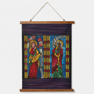 Bunte Bekanntgabe mit Maria und Gabriel Wandteppich Mit Holzrahmen