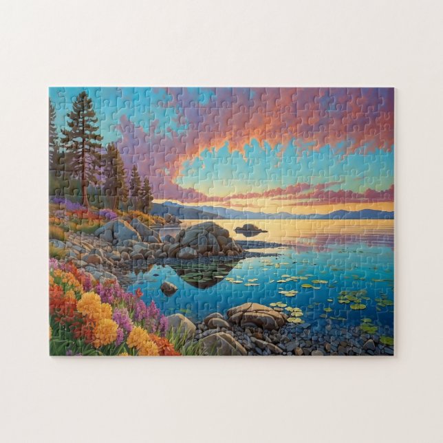 Bunte Bergsee-Blumen-Kunst Puzzle (Horizontal)