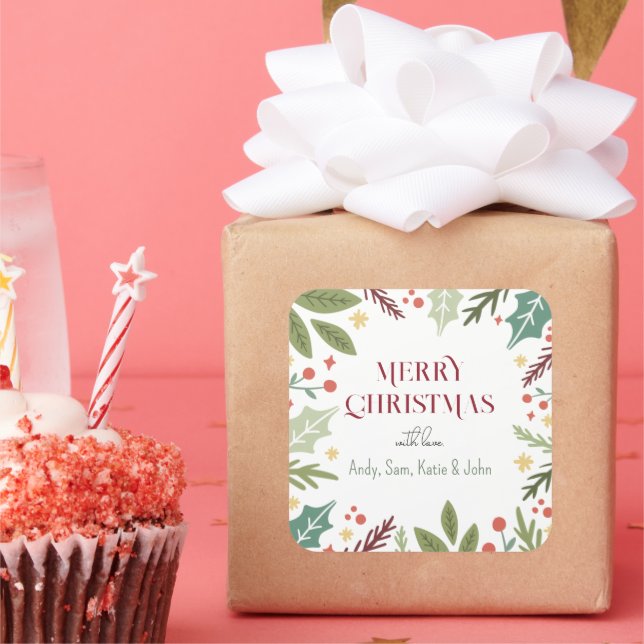 Bunte Berry Foliage Frohe Weihnachtsgeschenke Quadratischer Aufkleber (Party)