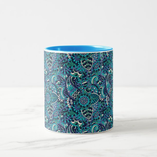 Bunte blaue und lila Paisley-Muster-Tasse Zweifarbige Tasse (Mittel)