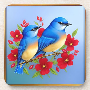 Bunte Blaue Vögel sitzen zwischen roten Blumen Getränkeuntersetzer