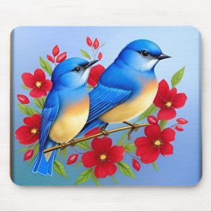 Bunte Blaue Vögel sitzen zwischen roten Blumen Mousepad
