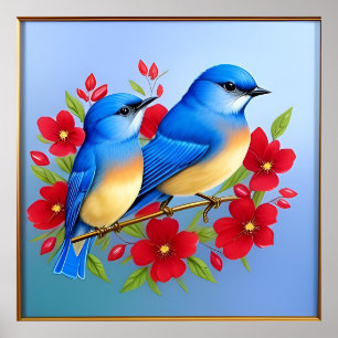 Bunte Blaue Vögel sitzen zwischen roten Blumen Poster