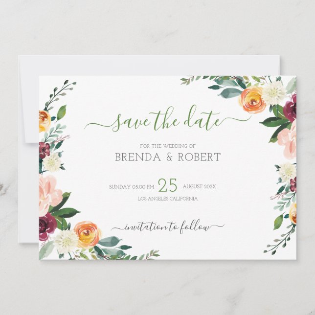 Bunte Blumen begrenzen Save The Date (Vorderseite)