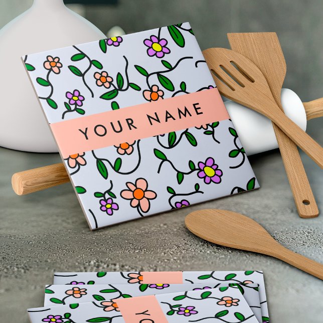 Bunte Blumen, blauer Hintergrund, Orange Fliese (Von Creator hochgeladen)