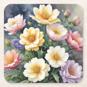 Bunte Blumen Elegante Aquarellmalerei Rechteckiger Pappuntersetzer