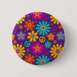 Bunte Blumen Frieden Liebe Groovy Retro Hippie Button