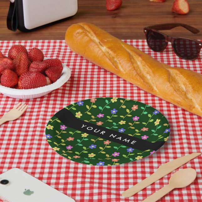 Bunte Blumen, grüner Hintergrund, Schwarz Pappteller (Picknick)