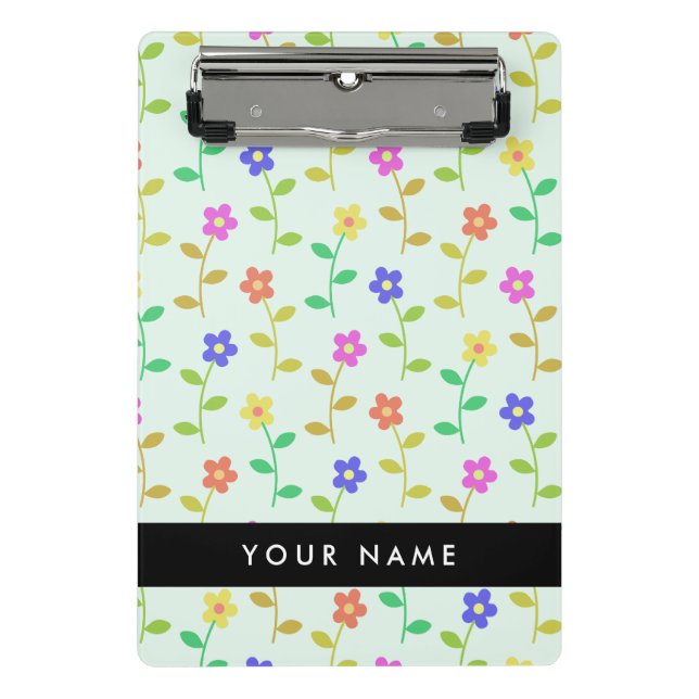 Bunte Blumen, Hellgrüner Hintergrund, Schwarz Mini Klemmbrett (Vorderseite)