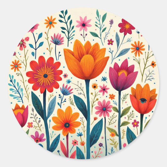 Bunte Blumen-Kunst-Illustration, Runder Aufkleber (Vorderseite)