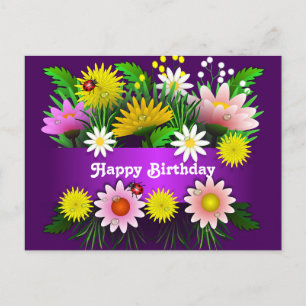 Bunte Blumen Marienkäfer Aquarell Geburtstag Postkarte