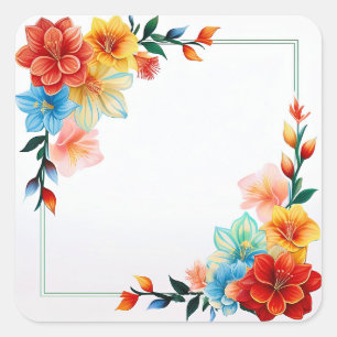 Bunte Blumen Rahmen Quadratischer Aufkleber