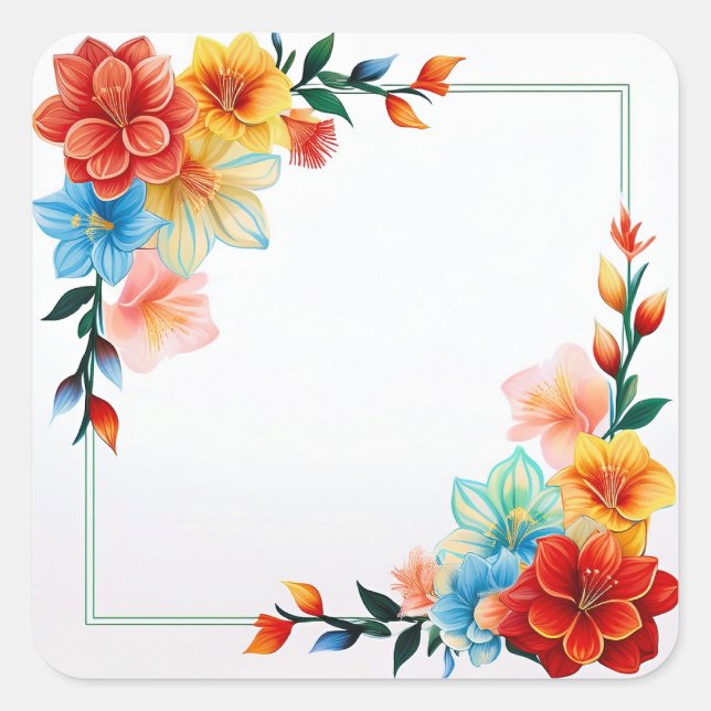 Bunte Blumen Rahmen Quadratischer Aufkleber (Vorderseite)