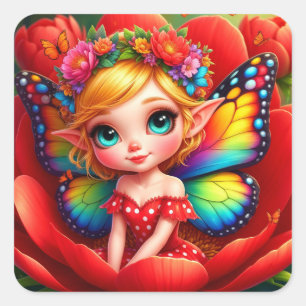 Bunte Blumenfee für Fantasy-Liebhaber Quadratischer Aufkleber