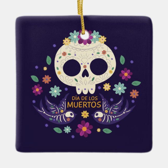 Bunte Blumenverzierung skull Dia de Muertos | Keramikornament (Vorderseite)