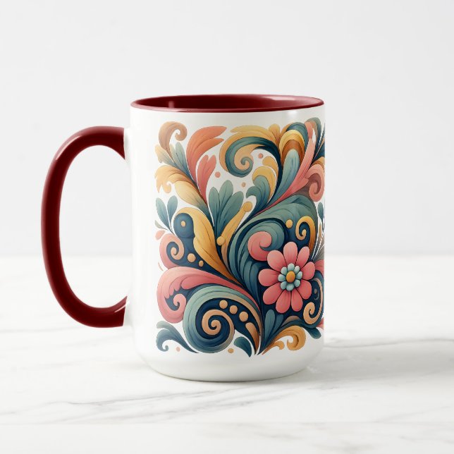 Bunte Blumige Volkskunst Keramik Tasse (Links)